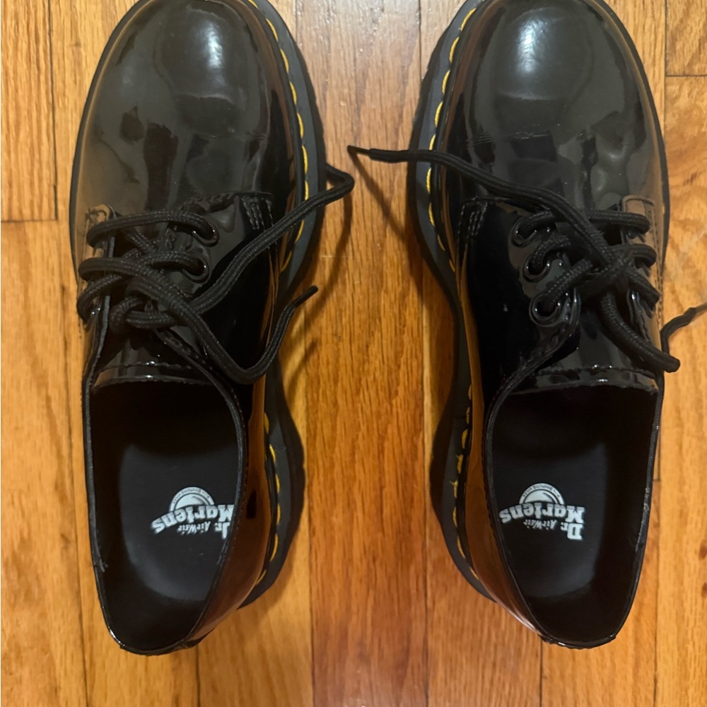 Dr. Martens Glossy Black Shoes with Yellow Stitching